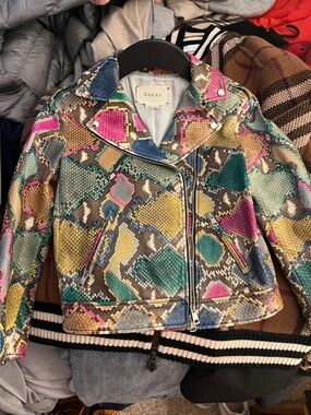 Gucci Multicolor Python-Print Leather Moto Jacket in Teal, Pink, Yellow & Tan